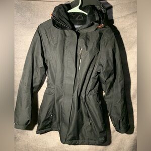 Lands End faux fur lined black Womens Winter Jacket Sz S *small distressed area*